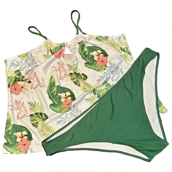 Rosegal Plus Size 5X 2 Piece Bikini Keyhole Adjustable Strap Top Tropical - Picture 1 of 5